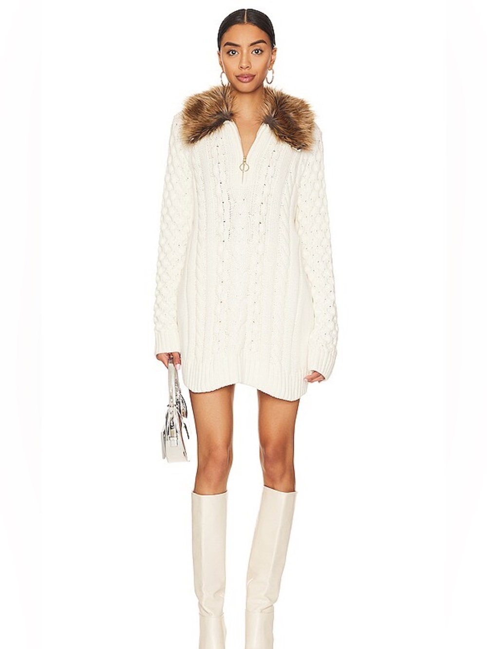 Show Me Your MuMu Cream Cable-Knit Turtleneck Sweater with Faux Fur Collar